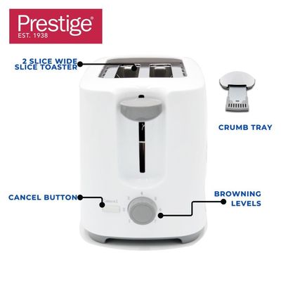 Prestige Toaster 2 Slice Bread  | Toaster Machine with 7 Settings Adjustable Browning Control | Cancel Function | Removable Crumb Tray | Automatic Pop Up - 700w White PR81533