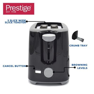 Prestige Toaster 2 Slice Bread  | Toaster Machine with 7 Settings Adjustable Browning Control | Cancel Function | Removable Crumb Tray | Automatic Pop Up - 700w Black PR81534