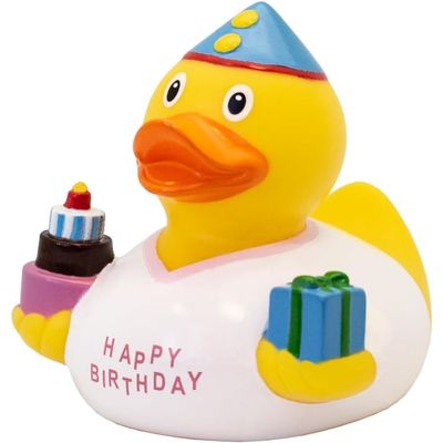 Lilalu Bath Toy Birthday Girl Duck White & Yellow : Bath time fun - Kids bath toy - Themed duck - Floating toy - Water-friendly toy