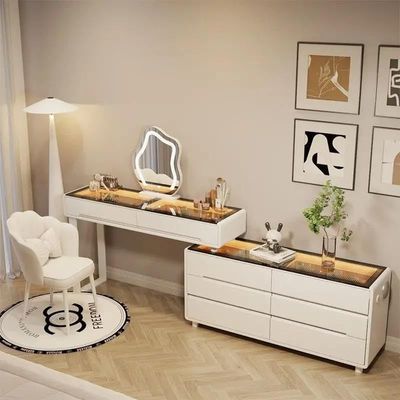 Vanity Table with Chair White Modern Dressing Table with Chair Lighted Mirror Storage Drawers Cosmetic Makeup Organizer Tempered Glass Top Lighted Interior, Women's Bedroom Dressing Makeup Table