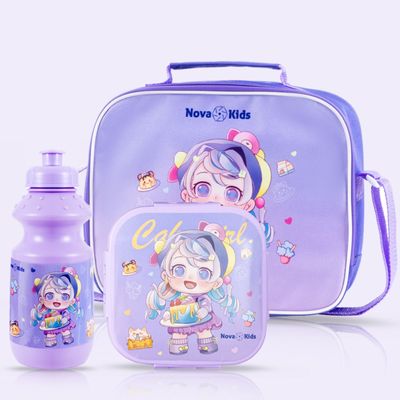 Nova Kids Lunch Box and Water Bottle With Lunch Bag - Cute Kids Purple