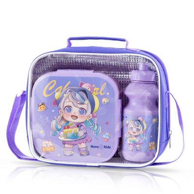 Nova Kids Lunch Box and Water Bottle With Lunch Bag - Cute Kids Purple