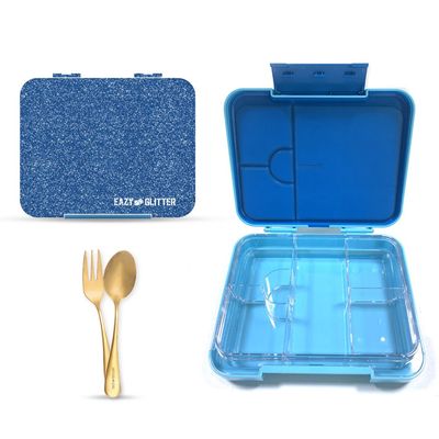 Eazy Kids 6 & 4 Convertible Bento Lunch Box w/ Lunch Bag and Spoon Fork Set - Glitter Blue