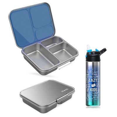 Eazy Kids 3 Compartment Bento Steel Lunch Box with Stainless Steel 530ml Water Bottle - Blue