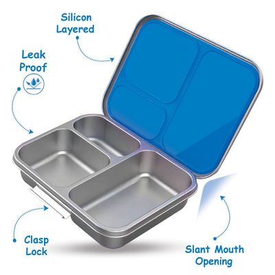 Eazy Kids 3 Compartment Bento Steel Lunch Box with Stainless Steel 530ml Water Bottle - Blue