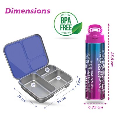 Eazy Kids 3 Compartment Bento Steel Lunch Box with Stainless Steel 530ml Water Bottle - Purple