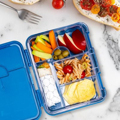 Eazy Kids 6 & 4 Convertible Bento Lunch Box with Sandwich Cutter Set - T-Rex Blue