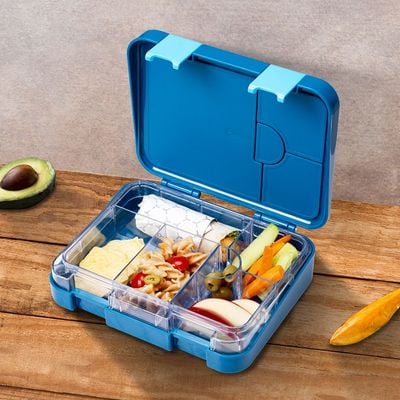 Eazy Kids 6 & 4 Convertible Bento Lunch Box with Sandwich Cutter Set - T-Rex Blue