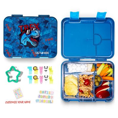 Eazy Kids 6 & 4 Convertible Bento Lunch Box with Sandwich Cutter Set - T-Rex Blue