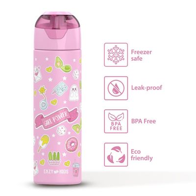 Eazy Kids 5 & 4 Convertible Bento Lunch Box with Stainless Steel 640ml Water Bottle and Sandwich Cutter Set - Girl Power Pink