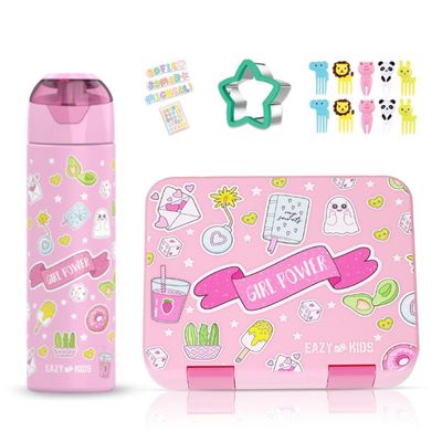 Eazy Kids 5 & 4 Convertible Bento Lunch Box with Stainless Steel 640ml Water Bottle and Sandwich Cutter Set - Girl Power Pink