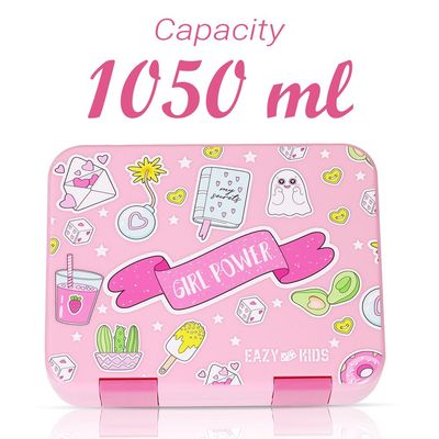 Eazy Kids 5 & 4 Convertible Bento Lunch Box with Stainless Steel 640ml Water Bottle and Sandwich Cutter Set - Girl Power Pink