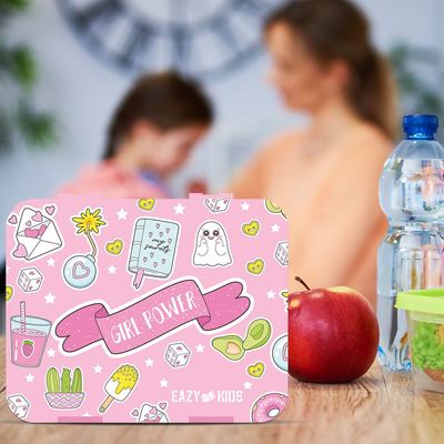 Eazy Kids 5 & 4 Convertible Bento Lunch Box with Stainless Steel 640ml Water Bottle and Sandwich Cutter Set - Girl Power Pink