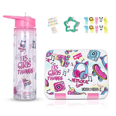 Eazy Kids 5 & 4 Convertible Bento Lunch Box w/ 550ml Double Wall Water Bottle and Spoon Fork Set - It's Girl Thing Pink