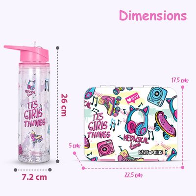 Eazy Kids 5 & 4 Convertible Bento Lunch Box w/ 550ml Double Wall Water Bottle and Spoon Fork Set - It's Girl Thing Pink