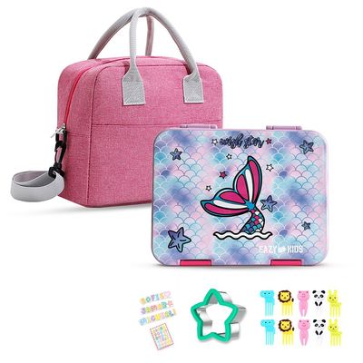 Eazy Kids 6 & 4 Convertible Bento Lunch Box with Lunch Bag and Sandwich Cutter Set - Mermaid Purple