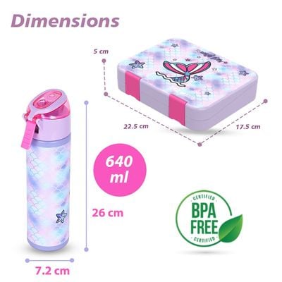 Eazy Kids 6 & 4 Convertible Bento Lunch Box with Stainless Steel 640ml Water Bottle and Sandwich Cutter Set - Mermaid Purple