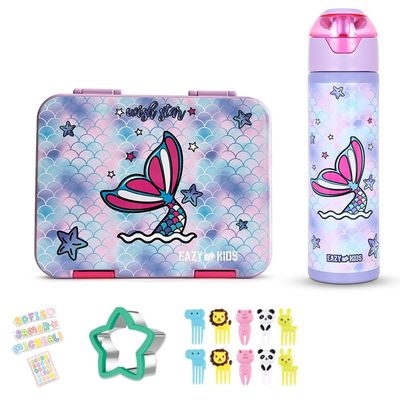 Eazy Kids 6 & 4 Convertible Bento Lunch Box with Stainless Steel 640ml Water Bottle and Sandwich Cutter Set - Mermaid Purple