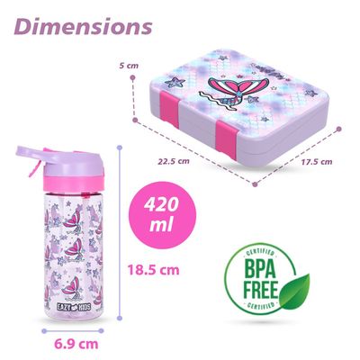 Eazy Kids 6 & 4 Convertible Bento Lunch Box with Tritan 420ml Water Bottle and Sandwich Cutter Set - Mermaid Purple