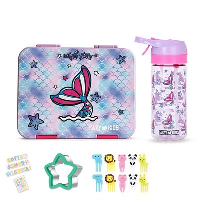 Eazy Kids 6 & 4 Convertible Bento Lunch Box with Tritan 420ml Water Bottle and Sandwich Cutter Set - Mermaid Purple