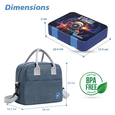 Eazy Kids 6 & 4 Convertible Bento Lunch Box with Lunch Bag and Sandwich Cutter Set - Outer Space Blue