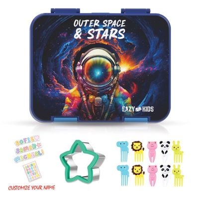 Eazy Kids 6 & 4 Convertible Bento Lunch Box with Lunch Bag and Sandwich Cutter Set - Outer Space Blue