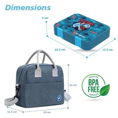 Eazy Kids 6 & 4 Convertible Bento Lunch Box with Lunch Bag and Sandwich Cutter Set - TREX Blue