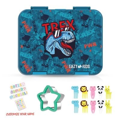 Eazy Kids 6 & 4 Convertible Bento Lunch Box with Lunch Bag and Sandwich Cutter Set - TREX Blue