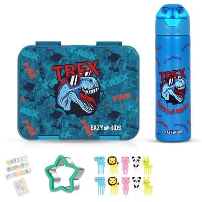 Eazy Kids 6 & 4 Convertible Bento Lunch Box with Stainless Steel 640ml Water Bottle and Sandwich Cutter Set - TREX Blue