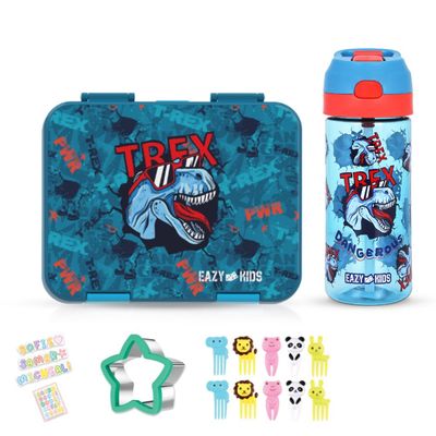 Eazy Kids 6 & 4 Convertible Bento Lunch Box with Tritan 420ml Water Bottle and Sandwich Cutter Set - TREX Blue