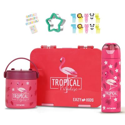 Eazy Kids 6 & 4 Convertible Bento Lunch Box with Stainless Steel 640ml Water Bottle and Sandwich Cutter Set & Food Jar - Tropical Pink