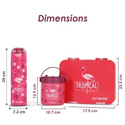 Eazy Kids 6 & 4 Convertible Bento Lunch Box with Stainless Steel 640ml Water Bottle and Sandwich Cutter Set & Food Jar - Tropical Pink