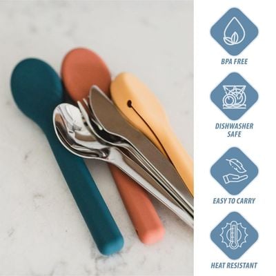 Eazy Kids Cutlery Set - Stainless Steel Spoon, Fork & Knife with Silicone Case (Blue)