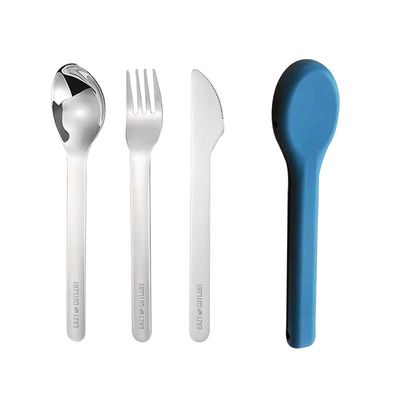 Eazy Kids Cutlery Set - Stainless Steel Spoon, Fork & Knife with Silicone Case (Blue)