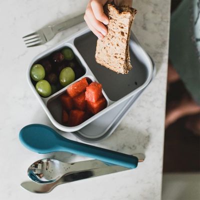 Eazy Kids Cutlery Set - Stainless Steel Spoon, Fork & Knife with Silicone Case (Blue)