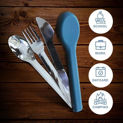 Eazy Kids Cutlery Set - Stainless Steel Spoon, Fork & Knife with Silicone Case (Blue)