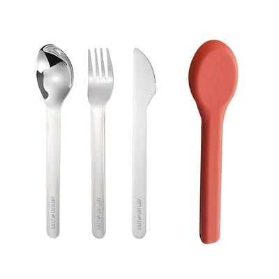 Eazy Kids Cutlery Set - Stainless Steel Spoon, Fork & Knife with Silicone Case (Pink)