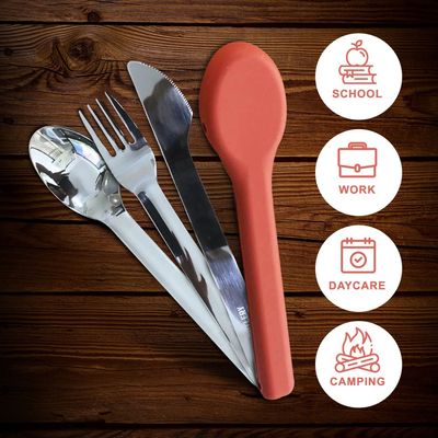 Eazy Kids Cutlery Set - Stainless Steel Spoon, Fork & Knife with Silicone Case (Pink)