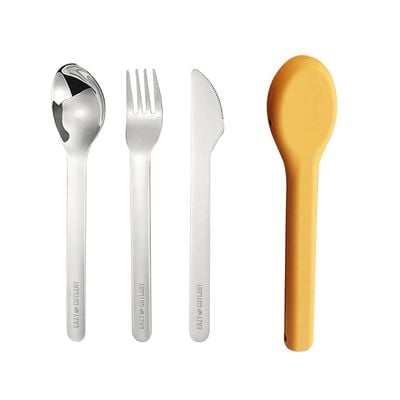 Eazy Kids Cutlery Set - Stainless Steel Spoon, Fork & Knife with Silicone Case (Yellow)