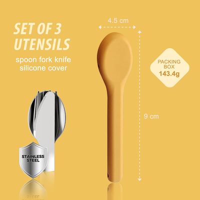 Eazy Kids Cutlery Set - Stainless Steel Spoon, Fork & Knife with Silicone Case (Yellow)