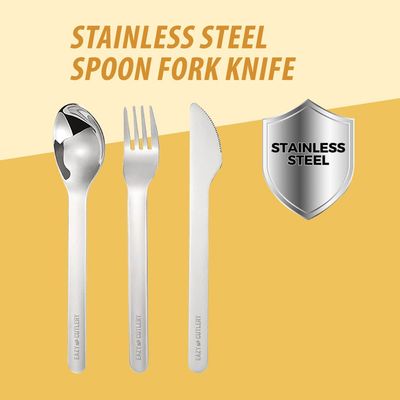 Eazy Kids Cutlery Set - Stainless Steel Spoon, Fork & Knife with Silicone Case (Yellow)