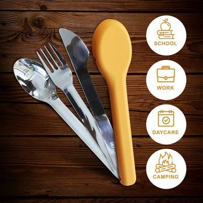 Eazy Kids Cutlery Set - Stainless Steel Spoon, Fork & Knife with Silicone Case (Yellow)