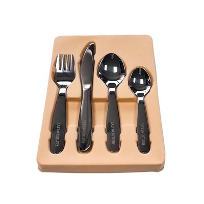 Eazy Kids Set of 4 Cutlery (Spoon, Fork, Knife & Tea Spoon) w/ Silicon Pouch – Grey