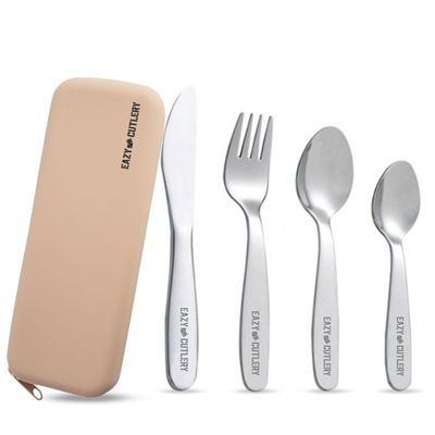 Eazy Kids Set of 4 Cutlery (Spoon, Fork, Knife & Tea Spoon) w/ Silicon Pouch – Ivory