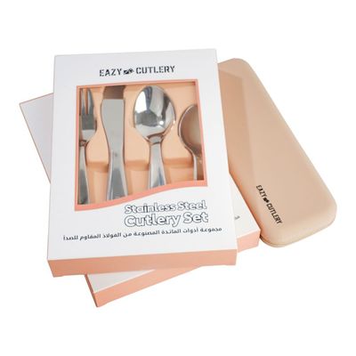 Eazy Kids Set of 4 Cutlery (Spoon, Fork, Knife & Tea Spoon) w/ Silicon Pouch – Ivory