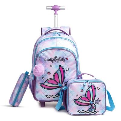 Eazy Kids 18Inch Set of 5 Trolley School Bag with Bento Lunch Box, Stainless Steel 640ml Water Bottle, Lunch Bag and Pencil Case - Mermaid Purple