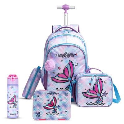 Eazy Kids 18Inch Set of 5 Trolley School Bag with Bento Lunch Box, Stainless Steel 640ml Water Bottle, Lunch Bag and Pencil Case - Mermaid Purple