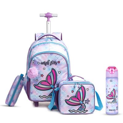 Eazy Kids 18Inch Set of 4 Trolley School Bag with Stainless Steel 640ml Water Bottle, Lunch Bag and Pencil Case - Mermaid Purple