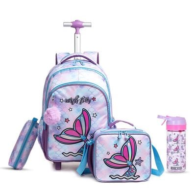 Eazy Kids 18Inch Set of 4 Trolley School Bag with Tritan 420ml Water Bottle, Lunch Bag and Pencil Case - Mermaid Purple