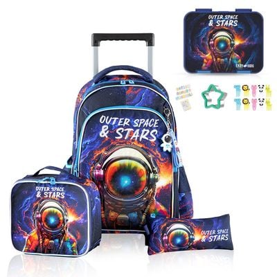 Eazy Kids 18Inch Set of 4 Trolley School Bag with Bento Lunch Box, Lunch Bag and Pencil Case - Outer Space Blue
